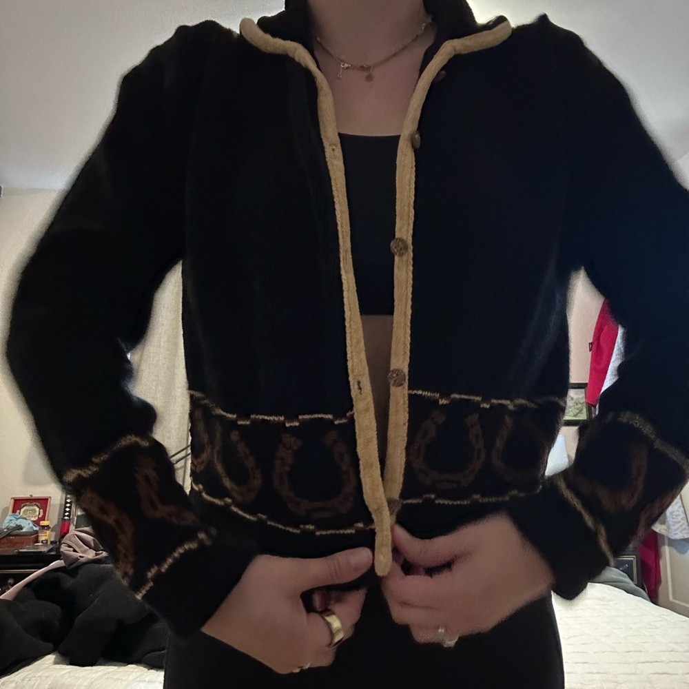 TSUNAMI Horse Sweater/ Black Velvet Hooded Jacket with Brown Trim - Picture 5 of 5